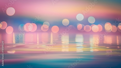 Vivid bokeh lights background with reflections on water surface, resembling a dreamy, colorful twilight.