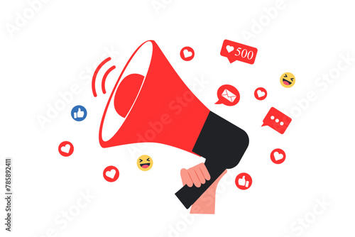 Hand holding loud speaker with social media icons. Influencer social media marketing, vlogger, youtuber, social influencer and influencer marketing concept vector illustration
