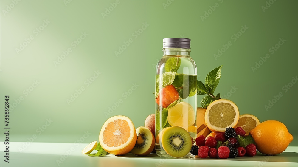 fruits and water bottles on a light green background fruits and water bottles on a light green background