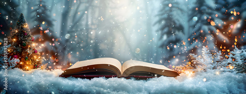 Magical Christmas fairy-tale background with an open book and snowy forest, perfect for winter holiday-themed designs and storytelling events.