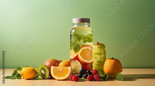 fruits and water bottles on a light green background