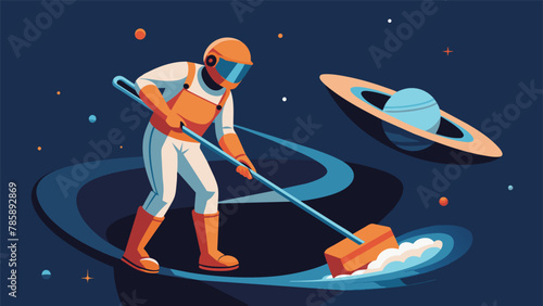 Wielding a Space Mop High above the Earth an Orbital Janitor deftly maneuvers a specialized space mop to clean the exterior of a spacecraft