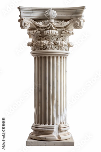 An elegant Corinthian column showcasing intricate acanthus leaf carvings  isolated on a white background.