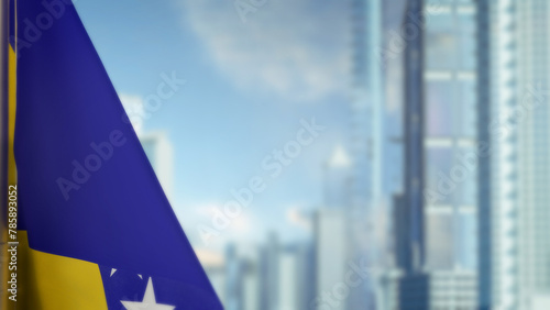 flag of Bosnia and Herzegovina on modern city buildings bokeh background for state holiday - abstract 3D rendering