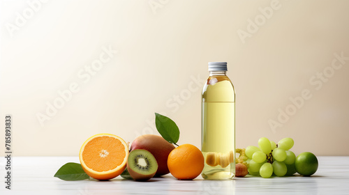 fruits and water bottles on a light isolated background