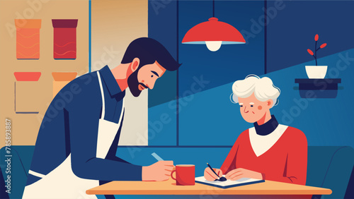 In a busy coffee shop a trendy young man sits across from his grandmother who carefully writes out a holiday greeting on a traditional red