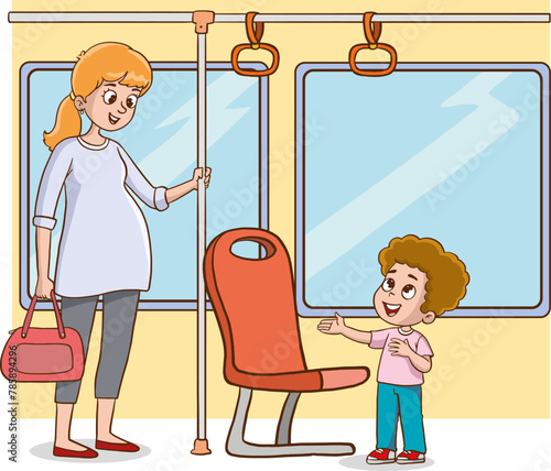 Vector illustration of little boy giving way to pregnant woman in public transport