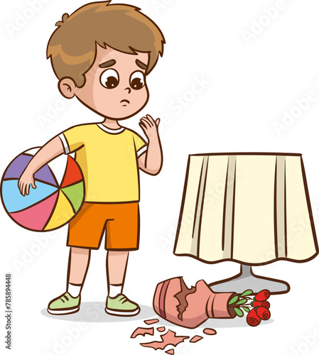 Sad child looking at broken vase, guilty cartoon boy in trouble broke a flower pot into pieces