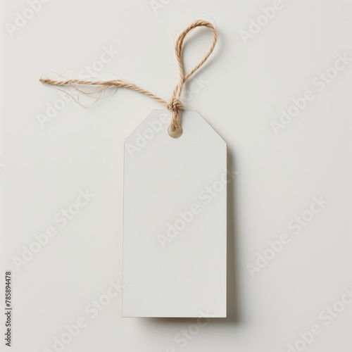 A high-resolution image of a clean, unmarked paper tag tied with a natural twine on a pure white backdrop.