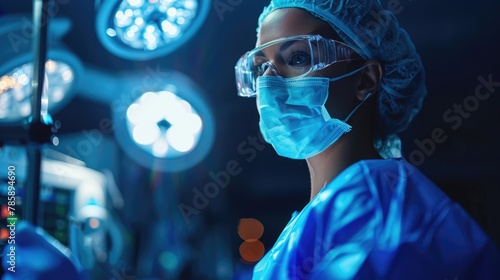 Cooperating team of doctors and surgeons processing surgical operation in operating room modern hospital emergency department. Heart surgery. Nurse stands at the table with instruments. photo