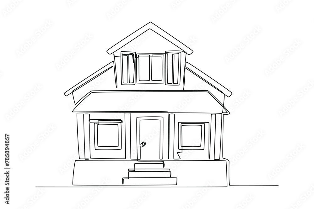 One continuous line drawing of cute house or small building concept. Doodle vector illustration in simple linear style.