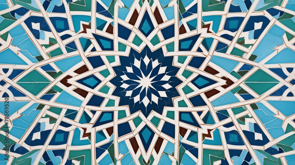 Ornate Islamic Geometric Mosaic in Blue and Turquoise