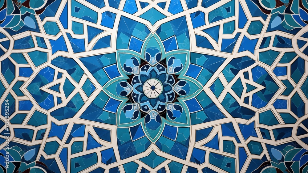 Intricate Blue Geometric Mosaic Tilework in Islamic Art Style