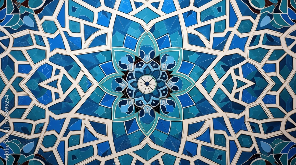 Intricate Blue Geometric Mosaic Tilework in Islamic Art Style Intricate Blue Geometric Mosaic Tilework in Islamic Art Style