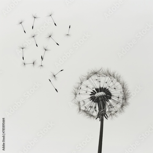 A single dandelion with seeds blowing in the wind against a clear background  symbolizing change and the cycle of nature.