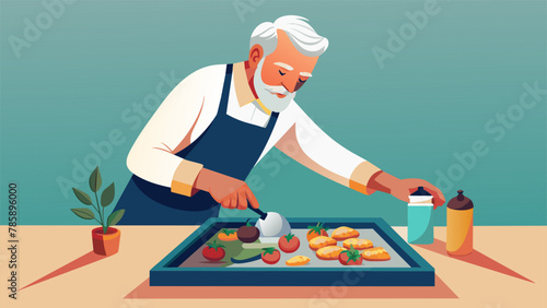 An elderly man carefully seasoning a tray of roasted vegetables demonstrating that healthy eating can still be flavorful and satisfying.
