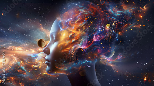 Cosmic Human Head with Galactic Brain Illustration in Space photo
