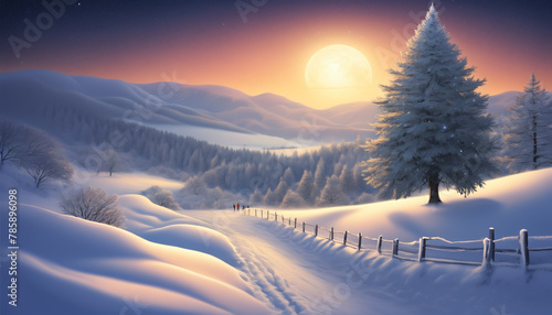Winter Night Landscape with Full Moon and Snow © liamalexcolman