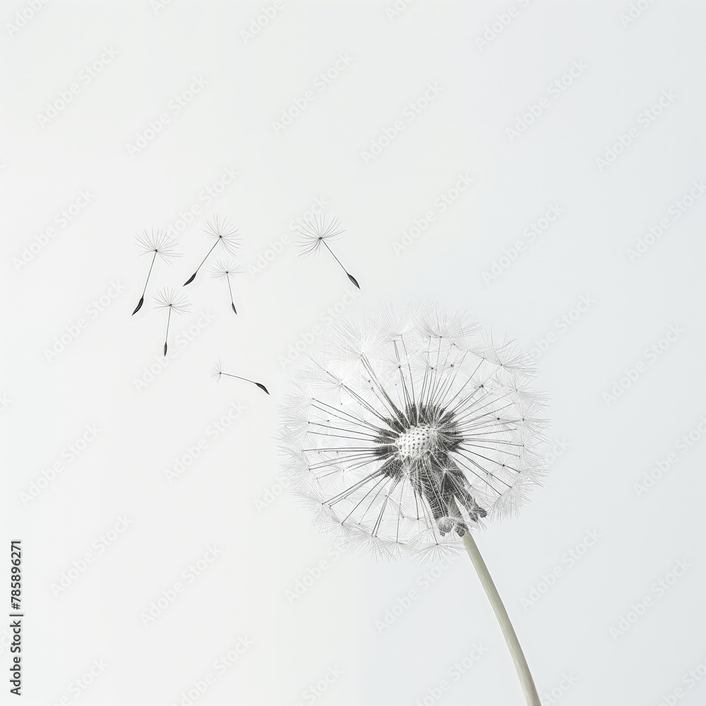 A single dandelion with seeds dispersing against a white background, symbolizing change and fragility.