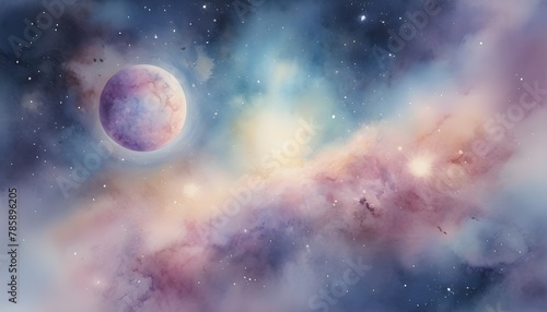 Watercolor painting of universe, galaxy, planets. 