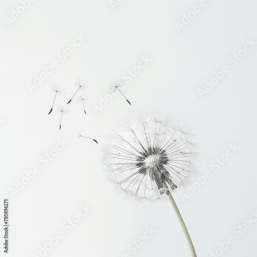 A single dandelion with seeds dispersing against a white background  symbolizing change and fragility.