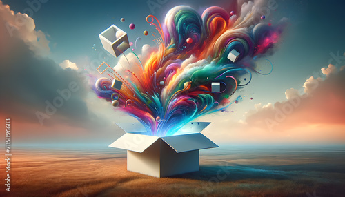 Concept of 'think outside the box'. An open glowing box emits a stream of abstract, colorful shapes and symbols, representing creative ideas flowing. photo