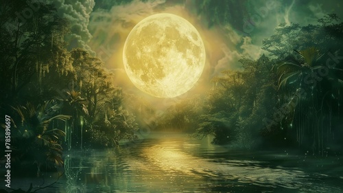 A melting moon creating a river through a lush, surreal forest