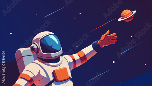 Suspended in the weightlessness of space an astronaut reaches out with one hand to grasp a stray meteor hurtling past. With a look of pure