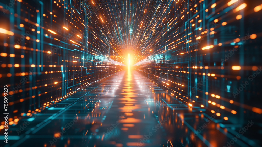 Naklejka premium Futuristic Sci-Fi Corridor with Glowing Lights and High-Tech Structure