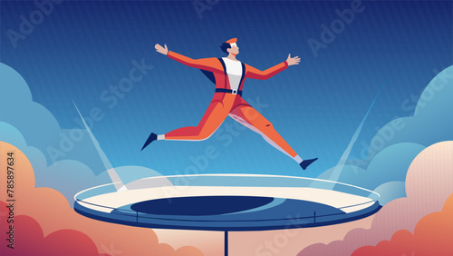 A solo traveler bounces around a zerogravity trampoline park laughing and spinning as they perform acrobatic stunts in the weightless void.