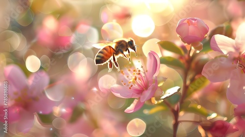 Beautiful insect and flower nature background. Close up of macro bee on pink flower, colorful floral garden. World Bee Day wallpaper illustration website concept.