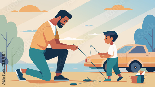 A father sharing important life skills with his son from tying fishing knots to changing the oil in a car.