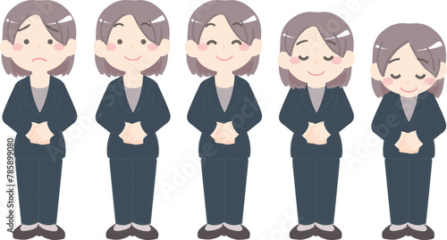 スーツを着た女性イラストセット　全身　おじぎ パンツスタイル 2