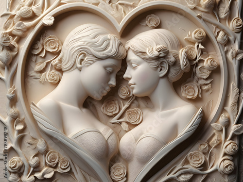 Amazing Illustration Art of white carved relief art sculpture with cute couples on branch in heart and roses, ornate decorative wallpaper romantic mood loving 