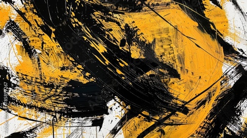 black and yellow energetic brushstrokes abstract painting on white background
