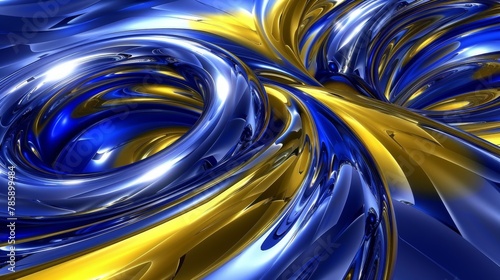 blue and yellow chrome 3d swirl pattern on a blue background