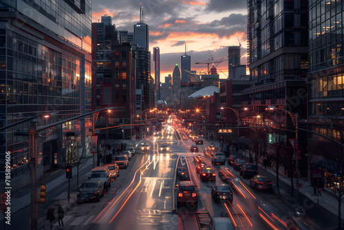 Energetic Urban Twilight: Metropolis in Evening Rush Hour