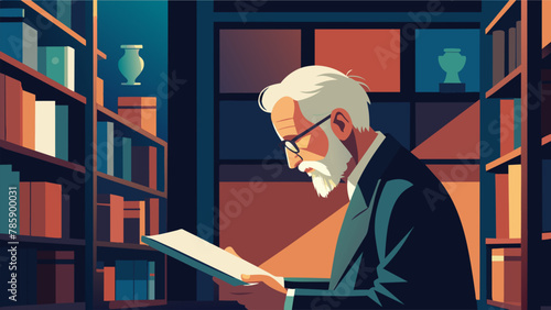 Amidst the lively atmosphere of the old bookstore a silverhaired man finds solace in a tranquil alcove engrossed in the pages of a novel. As he