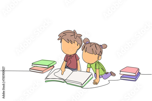 Continuous one line drawing kids reading books happily. Good reading interest. Really enjoy reading story books. Reading everywhere. Book festival concept. Single line draw design vector illustration
