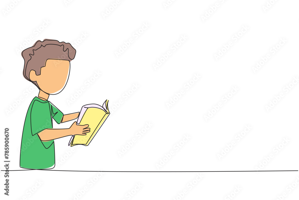 Single one line drawing boy are very focused on reading a book. Reading ...