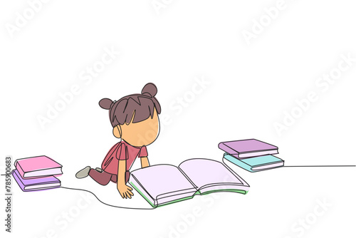 Single one line drawing girls reading books happily. Good reading interest. Really enjoy reading story books. Reading everywhere. Book festival concept. Continuous line design graphic illustration