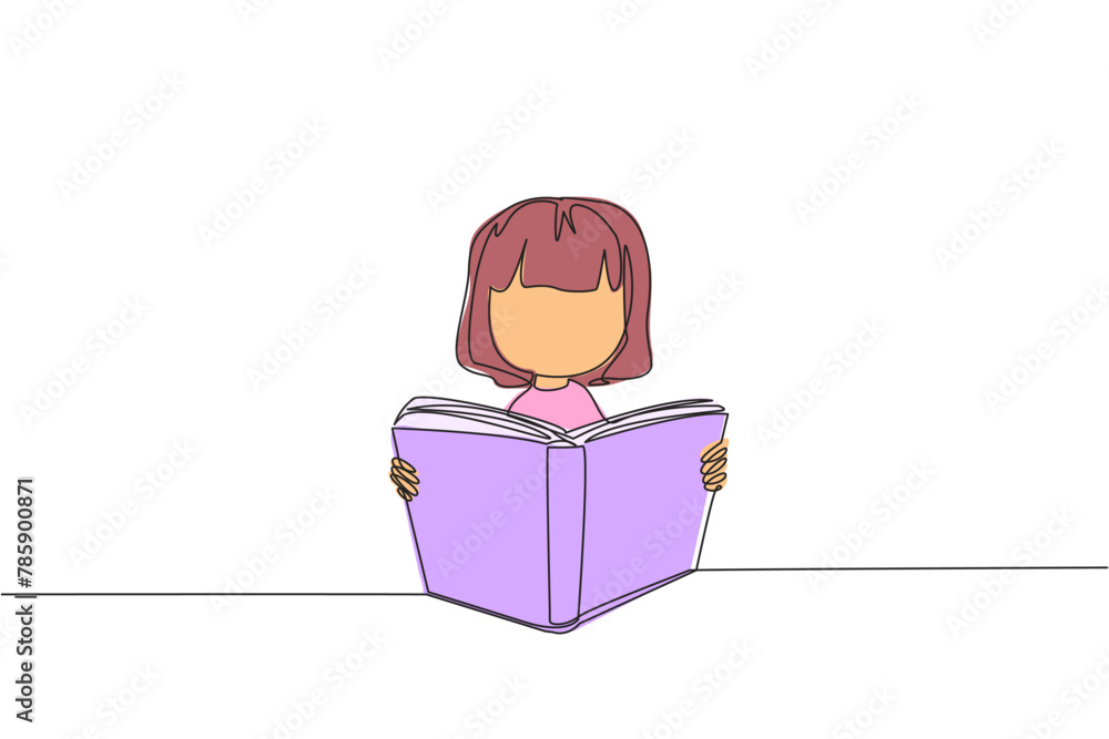 Single continuous line drawing girl sitting reading a book on a stand. Enthusiasm that never goes away. Very happy when reading story books. Book festival concept. One line design vector illustration Single continuous line drawing girl sitting reading a book on a stand. Enthusiasm that never goes away. Very happy when reading story books. Book festival concept. One line design vector illustration