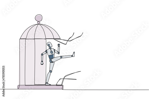 Single one line drawing robot trapped in the cage kick the caged until wrecked. Freedom of expression for the smooth running of business. Distractions. Continuous line design graphic illustration