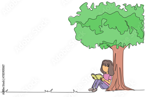 Single one line drawing girl sitting reading a book under shady tree. Continuing the second volume of the fiction story book. Enjoy reading. Book festival. Continuous line design graphic illustration