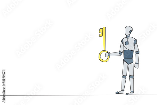 Single continuous line drawing robot holding the key. Important key to increasing profit has been secured. Ready to become important inheritance for relatives. AI tech. One line vector illustration