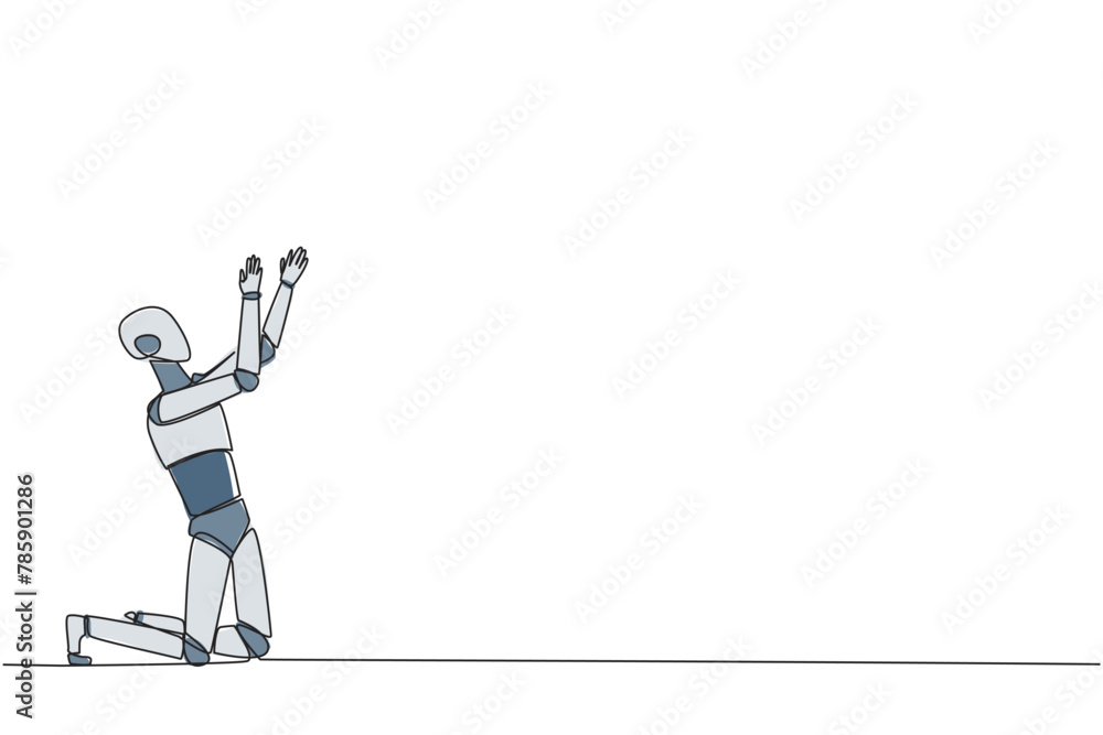 Continuous one line drawing robot kneeling raising hands to pray. Praying to make it easier to do business. The robot lost hope. Surrender. Sadness. Tech. Single line draw design vector illustration Continuous one line drawing robot kneeling raising hands to pray. Praying to make it easier to do business. The robot lost hope. Surrender. Sadness. Tech. Single line draw design vector illustration