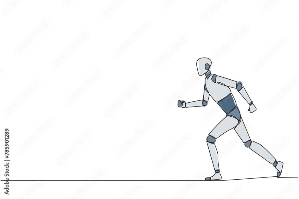 Single one line drawing smart robotic doing light exercise. Running aims to maintain heart health. The robot with healthy life style. Good mental. AI tech. Continuous line design graphic illustration Single one line drawing smart robotic doing light exercise. Running aims to maintain heart health. The robot with healthy life style. Good mental. AI tech. Continuous line design graphic illustration
