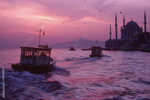 The Sultan Ahmed Mosque in Istanbul, Turkey at sunset,  The mosque is the largest mosque in Istanbul photo