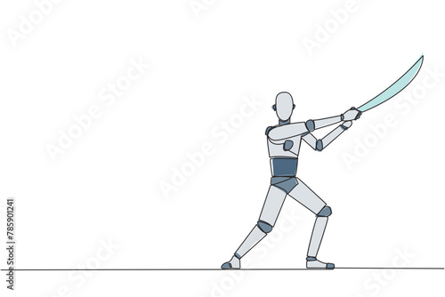 Continuous one line drawing robot holding samurai. Stylized like samurai athlete guarding business. Prepared to eliminate disrupt business growth. AI tech. Single line draw design vector illustration