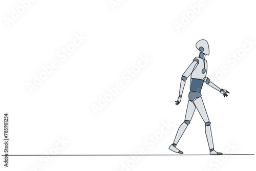 Single one line drawing smart robotic walking to canteen to break and lunch. Taking time for a while to hone ideas back into brilliant ideas. Success. Continuous line design graphic illustration